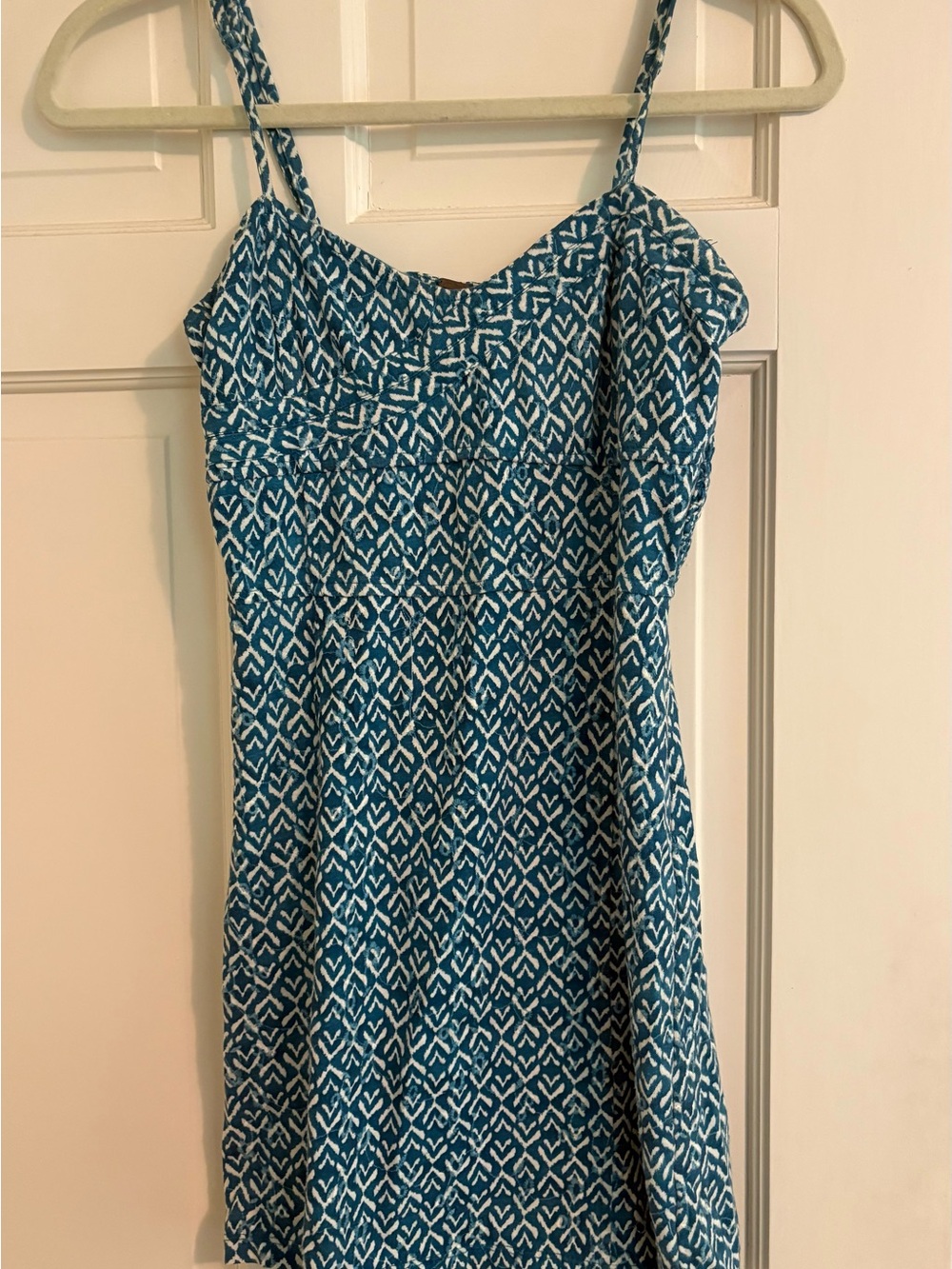Free People Teal/Blue and White Printed Spaghetti-Strap Mini Dress